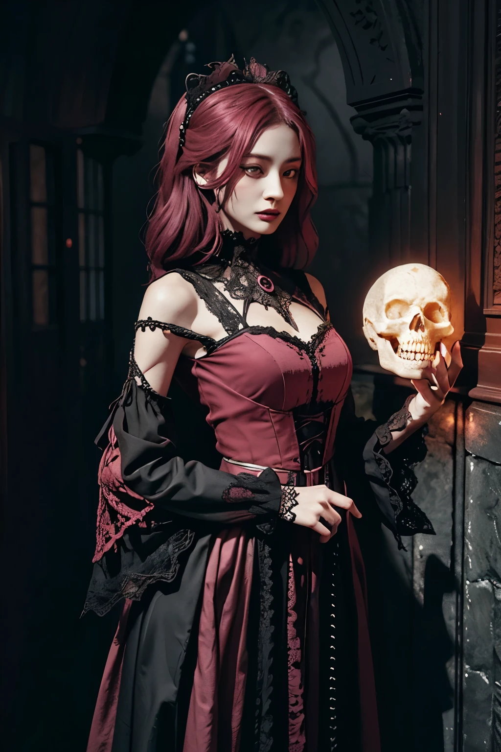 Realistic 3D images in a horrifying, gothic style showcase a mystical figure. The character dons a dark pink mask, concealing a well-proportioned woman in an intricate 16th or 17th-century costume. Her body is partially revealed as she stands, holding two long whips in her hands on a reflective, dark, and gritty surface.

Beside her, a bright lunar skull with intricate circular patterns looms in the background, casting eerie shadows. The overall color palette comprises dark pink, deep red, and contrasting dark grey tones, instilling a sense of mystery and surrealism to the image.