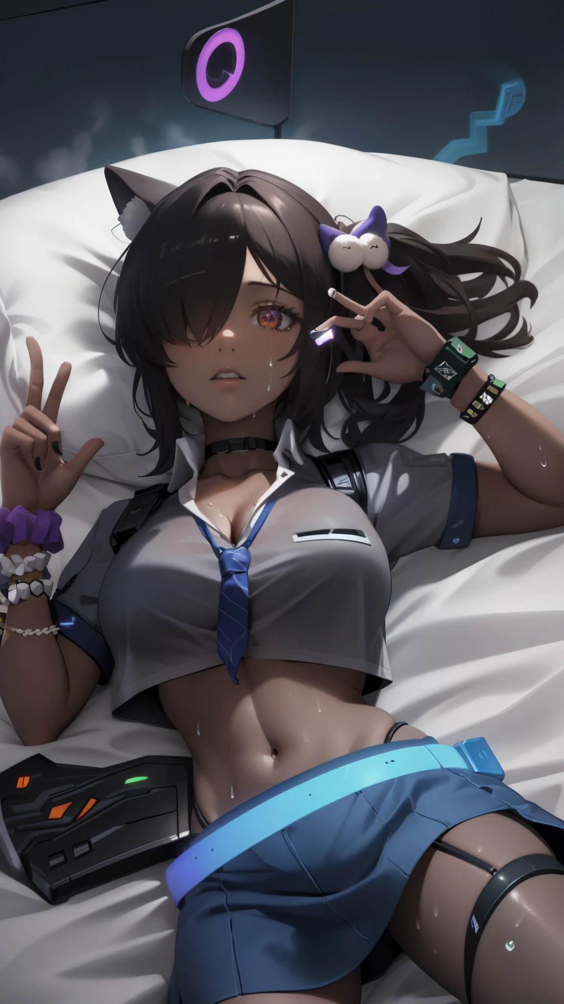 (Safety Sensor、approved、Can be viewed:1.8),masterpiece、highest quality、highest quality、Accurate the human body、Lighting to suit the mood、Accurate、Elaborate、masterpiece、Every detail of the face、Dark Skin 1.3, Woman with dark skin, Side Ponytail, hair ornaments, Hair Clip, White shirt, Bra visible through clothes, Chest pocket, Black choker, Blue tie, Purple scrunchie, bracelet,Latex Blue Pleated Miniskirt, Thigh straps, Simple Background, whole body, Detailed Background, Leaning forward, alone,Big cleavage、( Big Breasts、An eye is a heart:1.3、Heart Contact Lenses Heart Eye:1.5, Glowing oil skin:1.5, Sweat,vapor:1.5)、(Dim lighting:1.5, night:1.5, Lying sensually on the bed:1.5))、Double Peace、The beauty of the eight-headed、Mature Girls、On the bed、Absolutely safe、Narrow eyes、Small oval face、Beautiful Girlfriend