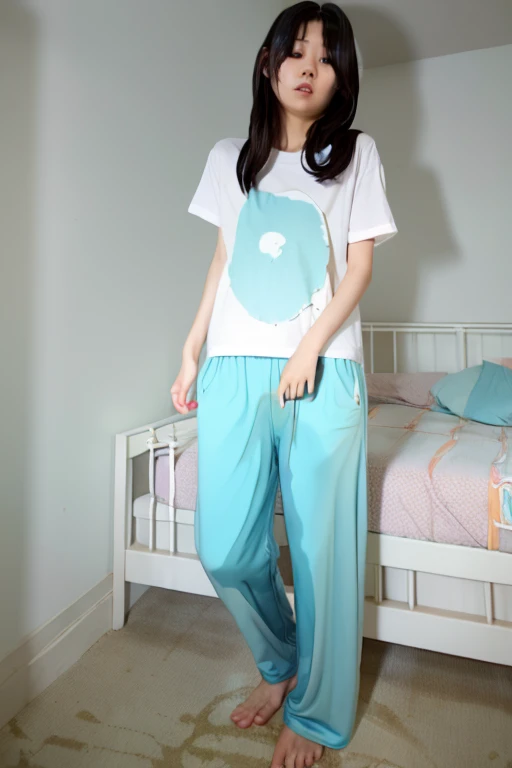 Japanese Girl thin body wearing a white short-sleeved t-shirt sees the ghost and pees her light blue lose pajama pants until his pants are wet pants in fright.