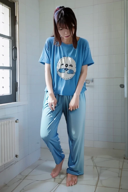 Japanese Girl thin body wearing a white short-sleeved t-shirt sees the ghost and pees her light blue lose pajama pants until his pants are wet pants in fright.