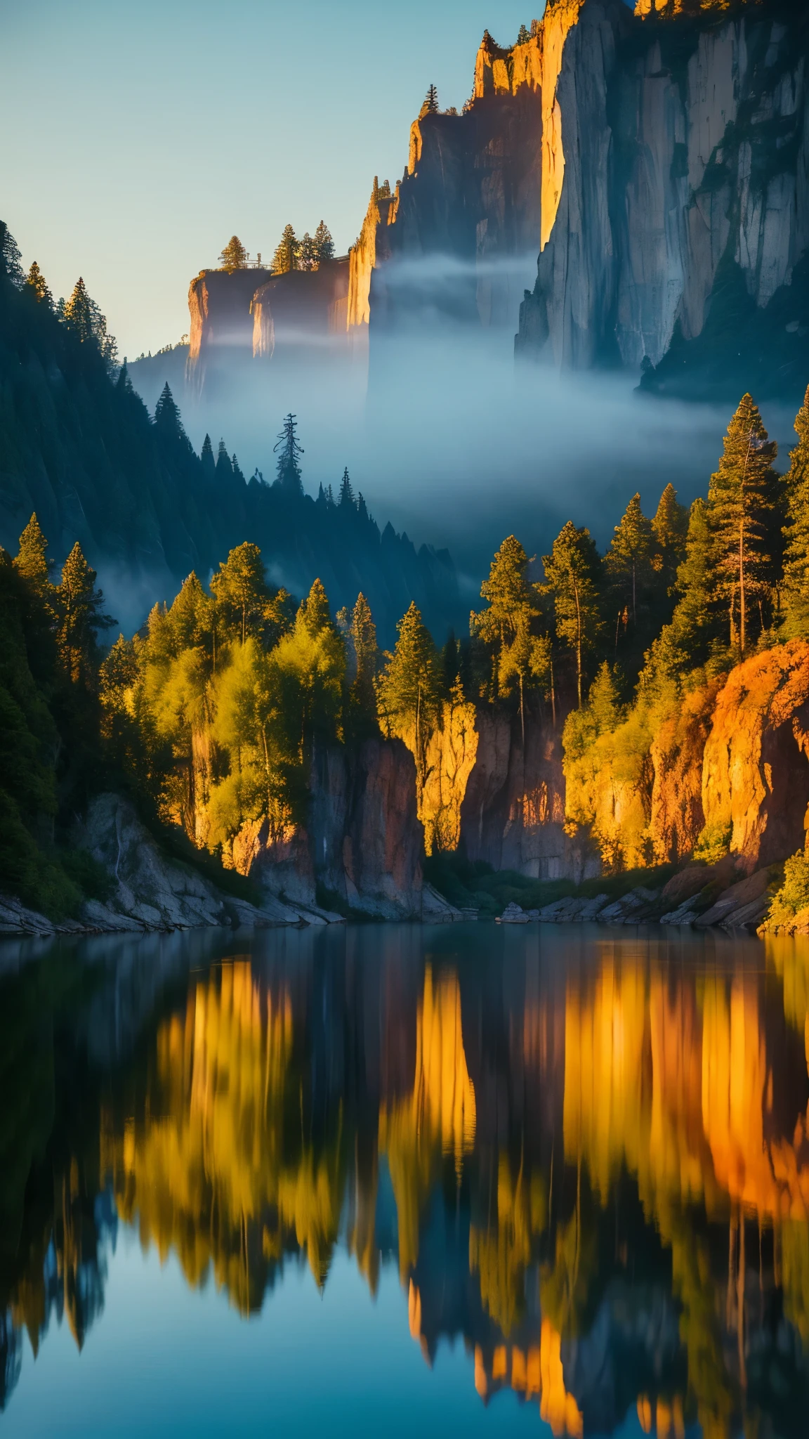 Photos that capture the essence of the magical world of dreams. A magnificent and legendary cliff jutting out over a beautiful lake, Surreal and vibrant colors illuminate the reflection.. The atmosphere is otherworldly, The soft evening light casts a fantastic shadow. This image exudes depth and mystery., It's as if the viewer is transported to another dimension., Create beautiful and memorable compositions. Shot with Canon EosIII Zeiss 120mm wide