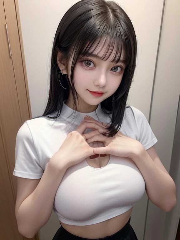 full body Esbian,Many piercings,bangss,top-quality,ultra-detailliert,​masterpiece,realisitic,Photo Real,Bright lighting,1 girl in, (kawaii:1.2),Thin smile, (Brown eyes),(bangss),perfect glossy skin,flawless skin,large full breasts,((accurate hands without incongruity)), big breasts thin waist, Look at viewers,full body Esbian,white Crop-shirt,black Culottes skirt,Eye lashes,dual,29 years old girl,Straight hair,A dark-haired,