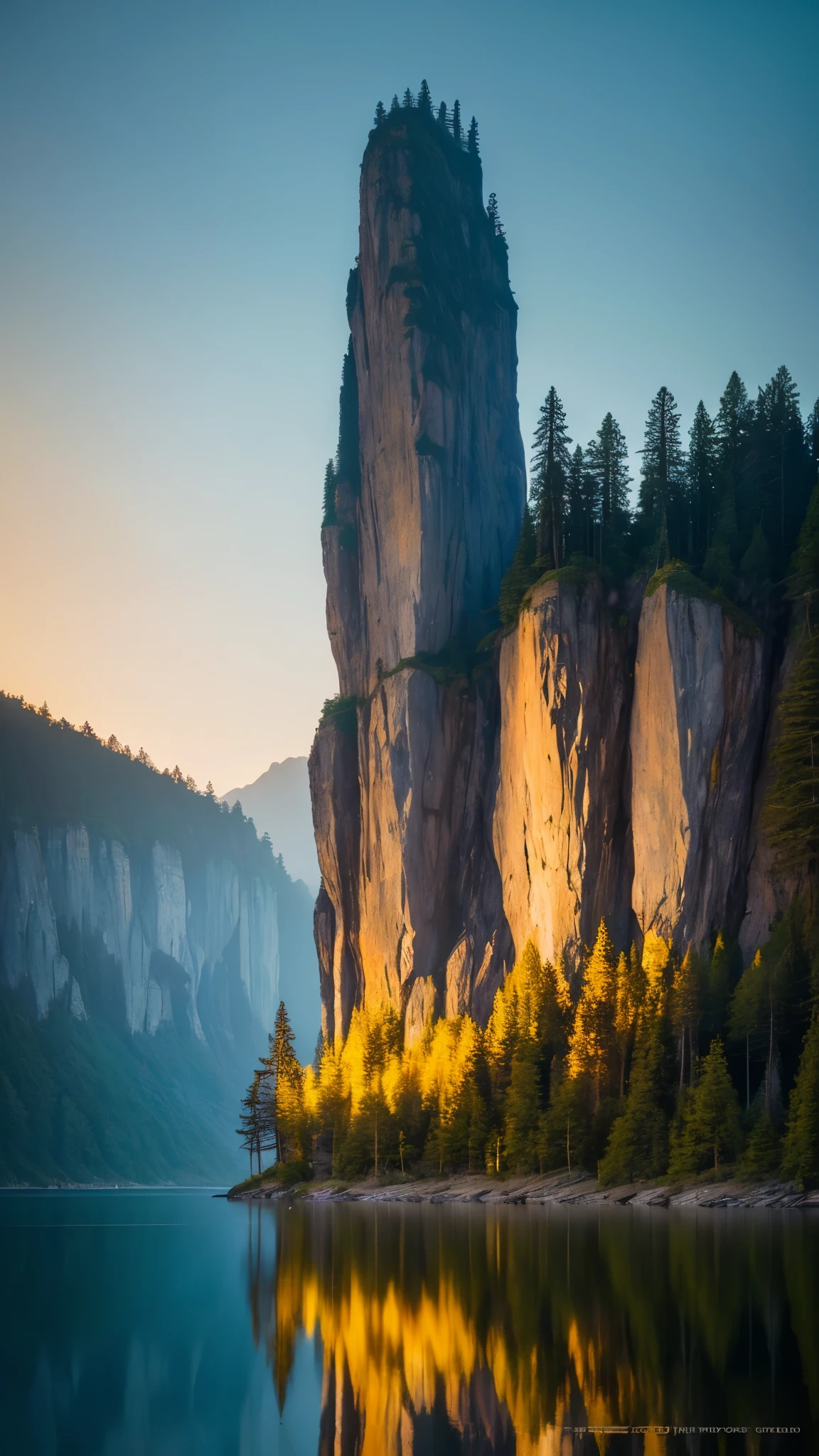 Photos that capture the essence of the magical world of dreams. A magnificent and legendary cliff jutting out over a beautiful lake, Surreal and vibrant colors illuminate the reflection.. The atmosphere is otherworldly, The soft evening light casts a fantastic shadow. This image exudes depth and mystery., It&#39;s as if the viewer is transported to another dimension., Create beautiful and memorable compositions. Shot with Canon EosIII Zeiss 120mm wide