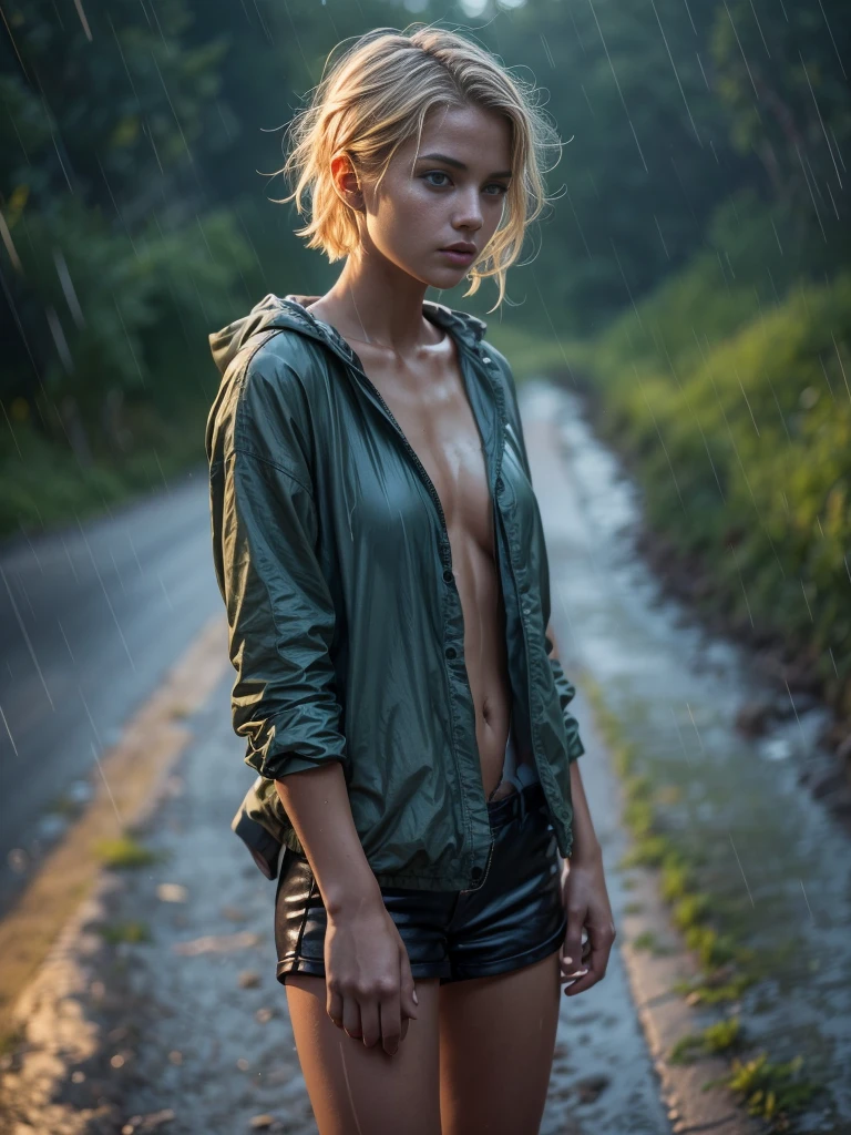 Masterpiece, a half body shot of a beautiful european Danish girl crying in a countryside road, rainy, trees around the road, walking, wet shirt, soaked clothes, hard nipples, wet hair, short pixie hair, light blond hair, blue eyes, runners skinny body, pale skin, ((small perky breasts, exposed breatsts)), 16K, ultra high resolution photorealistic, UHD, RAW, DSLR, sharp focus, natural lighting