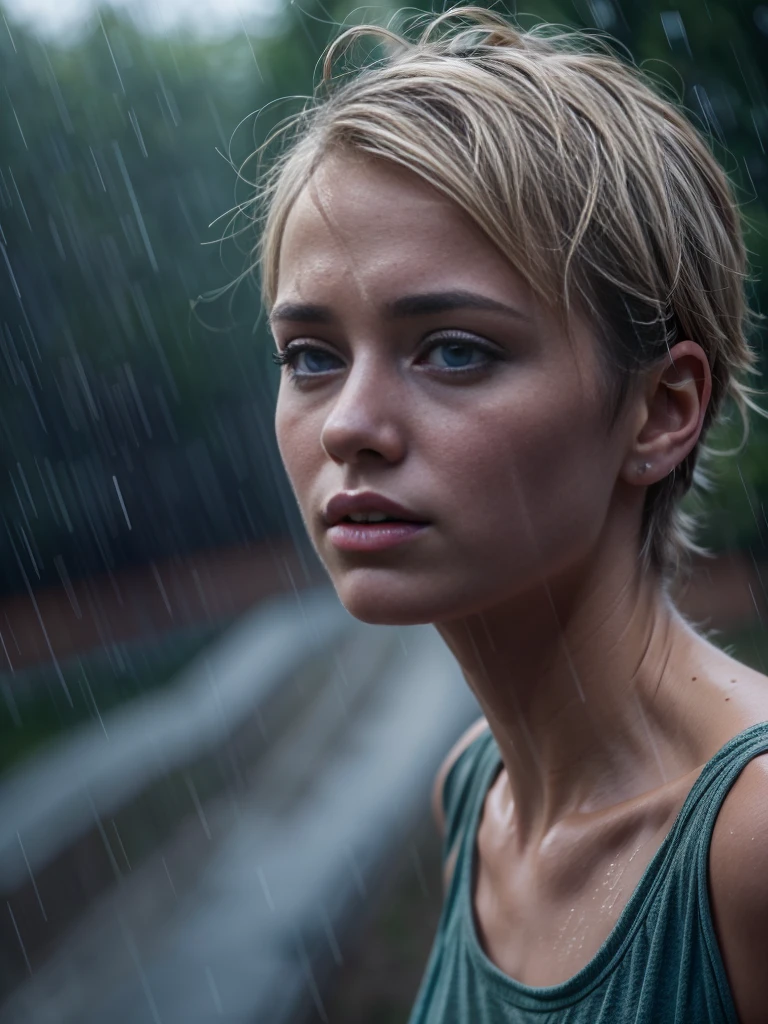 Masterpiece, a half body shot of a beautiful european Danish girl crying in a countryside road, rainy, trees around the road, walking, wet shirt, soaked clothes, hard nipples, wet hair, short pixie hair, light blond hair, blue eyes, runners skinny body, pale skin, ((small perky breasts, exposed breatsts)), 16K, ultra high resolution photorealistic, UHD, RAW, DSLR, sharp focus, natural lighting