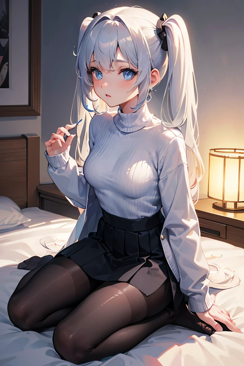 Digital Art, Digital Illustration, ((4K, 8K)), Ultra-detailed, beautiful image, Sharp Image, a close up of a woman in a short skirt and a grey sweater, sweater tucked into skirt, trending at cgstation, anime barbie doll, trending on cgstation, anime girl in real life, anime vtuber full body model, ((long white hair),(blue eyes), twin tails hair, ( 16 years old), (very small round breasts), on bed