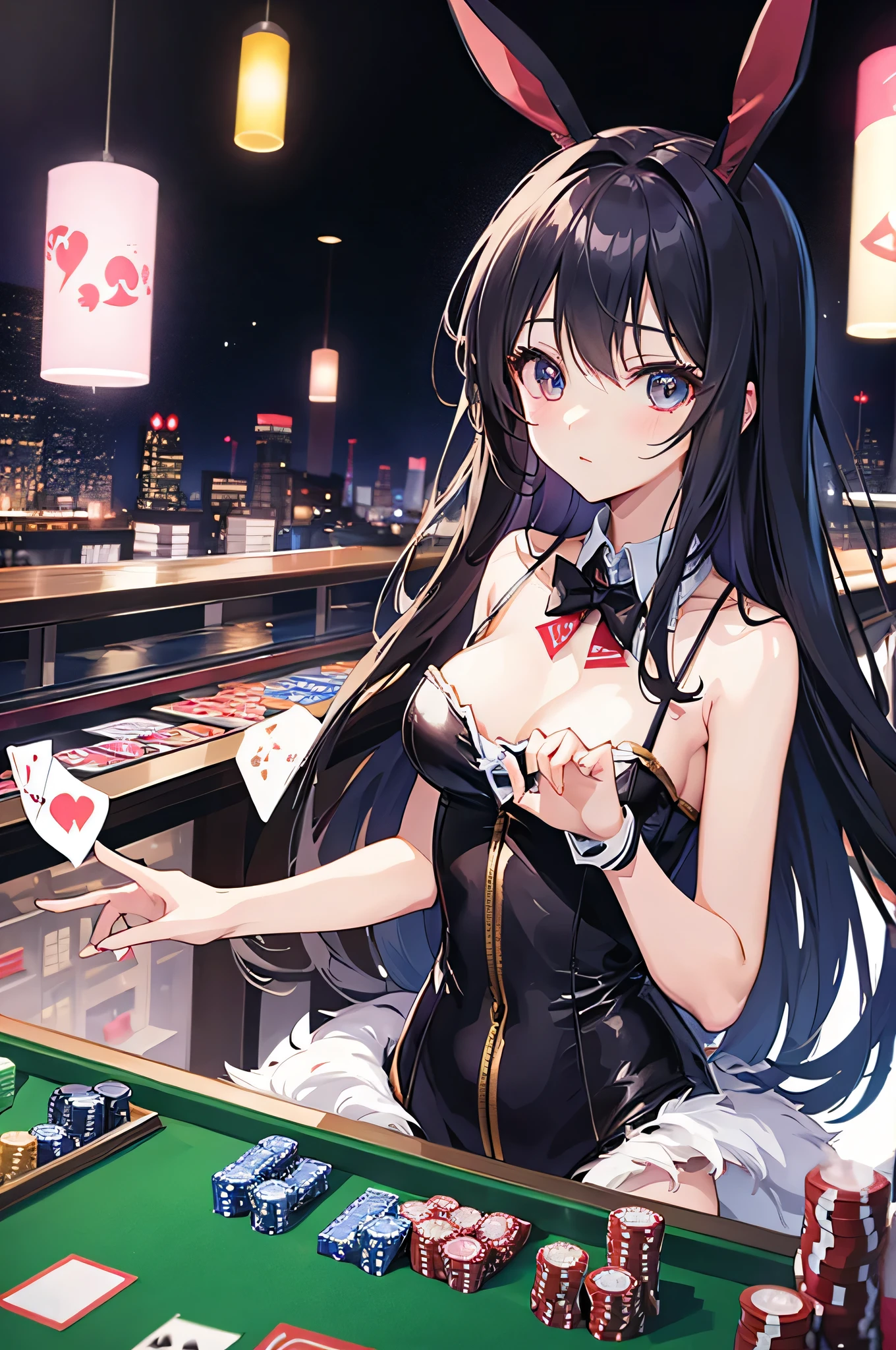 highest quality、anime、woman、Bunny Girl Outfit、Confident、Poker Table、Beautiful beauty、Nightclub
