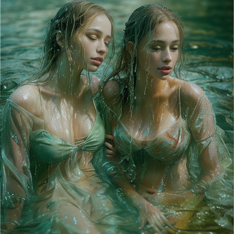 Two young beautiful women in the water, summer dress, expensive dress, long sleeves, closeup fantasy with water magic, beautiful maidens, lesbian, looking at each other, leaning in, touching, lips touching, wearing a dress made of water, lots of cleavage, breasts touching, realistic oil painting, dripping wet, in water up to her shoulders, beautiful realistic painting, nymph in the water, hyperrealist portrait in a river, hyperrealistic fantasy art, splashing, realistic fantasy painting, cute shot, narrow depth of field, 8k, nsfw, drenched, ((soaked)), dripping water, dripping oil, heavy clothes, soaked in oil, wet all over, rouge lipstick, wet dripping hair, transparent