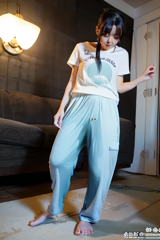 Japanese Girl thin body wearing a white short-sleeved t-shirt sees the ghost and pees her light blue lose pajama pants until his pants are wet pants in fright.