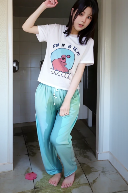 Japanese Girl thin body wearing a white short-sleeved t-shirt sees the ghost and pees her light blue lose pajama pants until his pants are wet pants in fright.