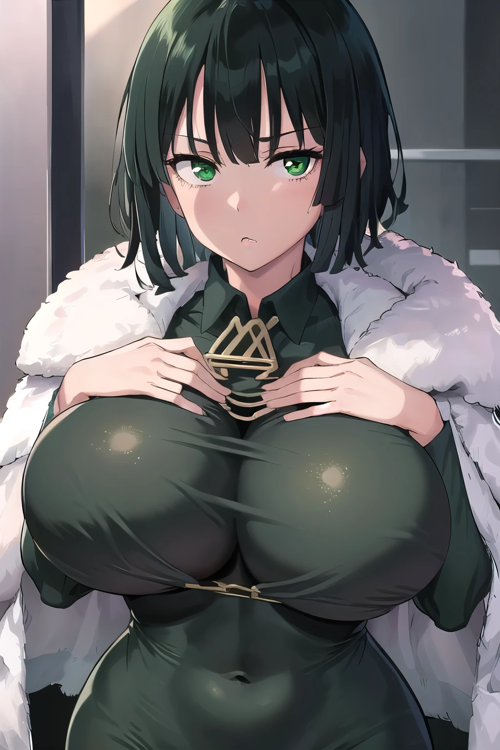 fubuki, One girl, Cute Face,alone, dress, Fur coat, Green Eyes, View Viewer,((腕でLift the chest)),(Holding the chest),(Lift the chest:1.3),(huge breast:1.2),(round breast:1.1),((slender)),((Hourglass-shaped body shape))