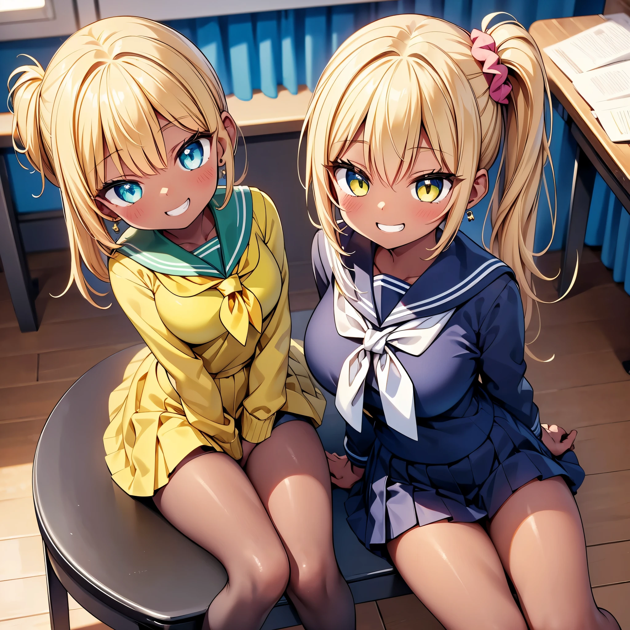 (cute eyes:1.2), (sparkling eyes:1.2), (8K、Best image quality、highest quality、masterpiece)、Detailed face、(2 girls)、Improve、((Brown Skin:1.3))、blonde、Low Ponytail、Scrunchie、Yellow Eyes、Earrings、Wicked Smile、((Grin)), (skinny body:1.4), (midium breasts), (Sailor suit:1.1), Sit on a chair, whole body, Classroom Background, (black stockings:1.2), (Thighs:1.2), (Waistline),(from above:1.2)
