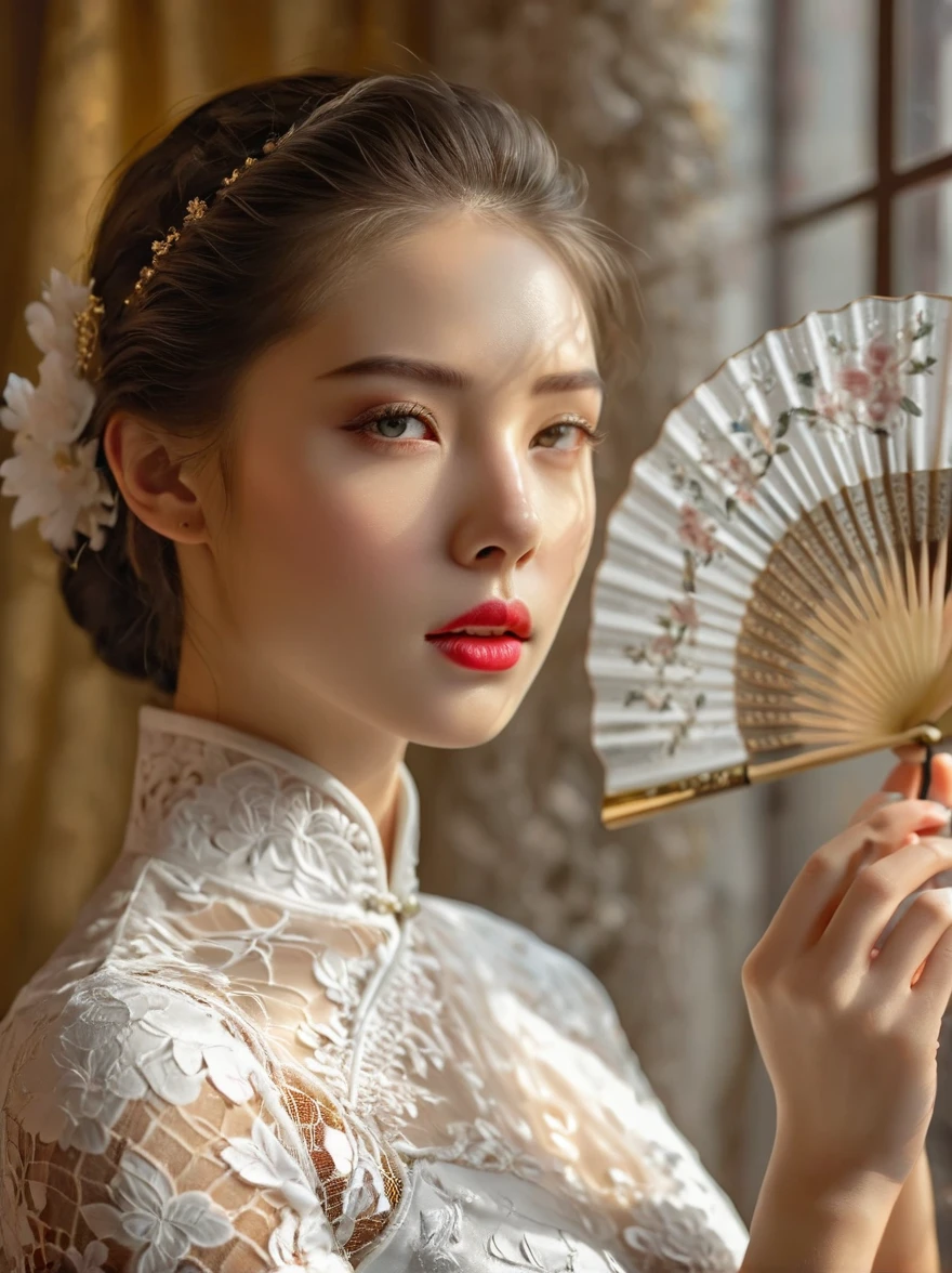 beautiful European girl,wearing white lace cheongsam,elegant posture,delicately holding a pure white lace fan,covering her face,beautiful detailed eyes,beautiful detailed lips,extremely detailed eyes and face,long eyelashes,high fashion,ornate lace details,splendid fabric texture,golden background, studio lighting,vivid colors,bokeh,sharp focus,physically-based rendering,calm expression, Romanticism, Luminism, first-person view, cowboy shot, UHD, masterpiece, accurate, anatomically correct, high details, award winning, 8k