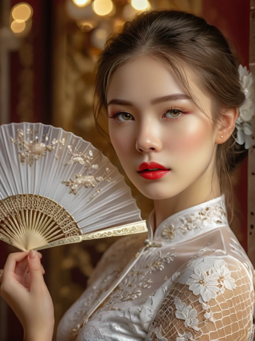 beautiful European girl,wearing white lace cheongsam,elegant posture,delicately holding a pure white lace fan,covering her face,beautiful detailed eyes,beautiful detailed lips,extremely detailed eyes and face,long eyelashes,high fashion,ornate lace details,splendid fabric texture,golden background, studio lighting,vivid colors,bokeh,sharp focus,physically-based rendering,calm expression, Romanticism, Luminism, first-person view, cowboy shot, UHD, masterpiece, accurate, anatomically correct, high details, award winning, 8k