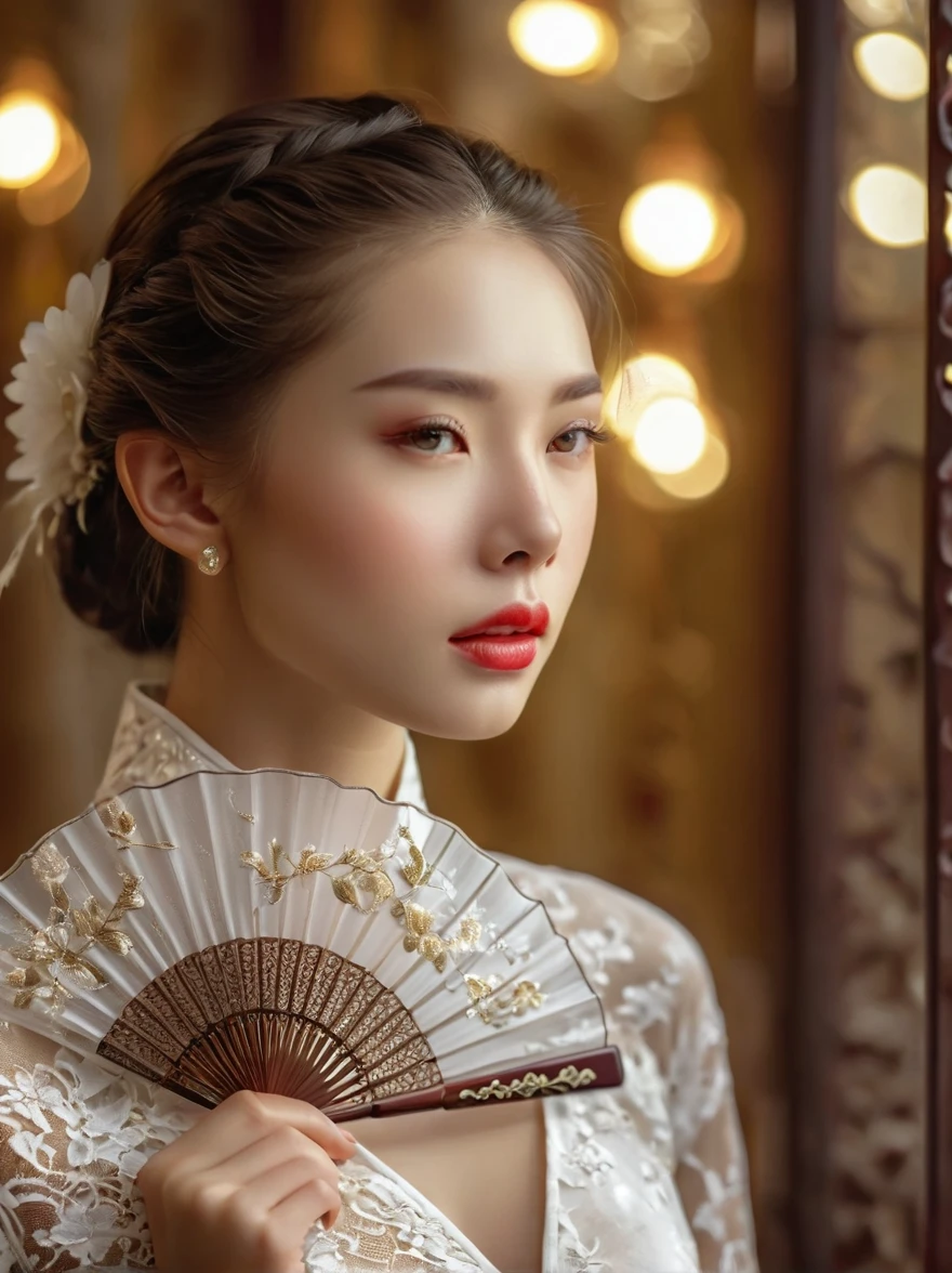 beautiful European girl,wearing white lace cheongsam,elegant posture,delicately holding a pure white lace fan,covering her face,beautiful detailed eyes,beautiful detailed lips,extremely detailed eyes and face,long eyelashes,high fashion,ornate lace details,splendid fabric texture,golden background, studio lighting,vivid colors,bokeh,sharp focus,physically-based rendering,calm expression, Romanticism, Luminism, first-person view, cowboy shot, UHD, masterpiece, accurate, anatomically correct, high details, award winning, 8k