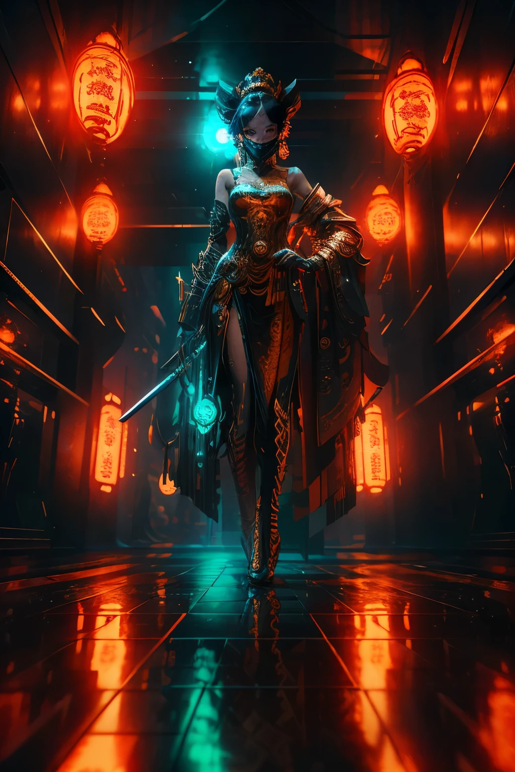 High-Definition 3D Render in the gritty, neon-lit style of cyberpunk. The protagonist stands tall, her agile form clad in an opulent costume reminiscent of the Renaissance era. A golden and silver mask conceals her features, while in her hand, she wields a samurai sword, its reflection dancing on the polished glass surface beneath her feet.
The background stretches into the infinite expanse of space, punctuated by a brilliant sun and intricate circular patterns that echo the design of her mask. The color palette leans heavily towards deep oranges and rich reds, creating an atmosphere that is as surreal as it is mysterious.