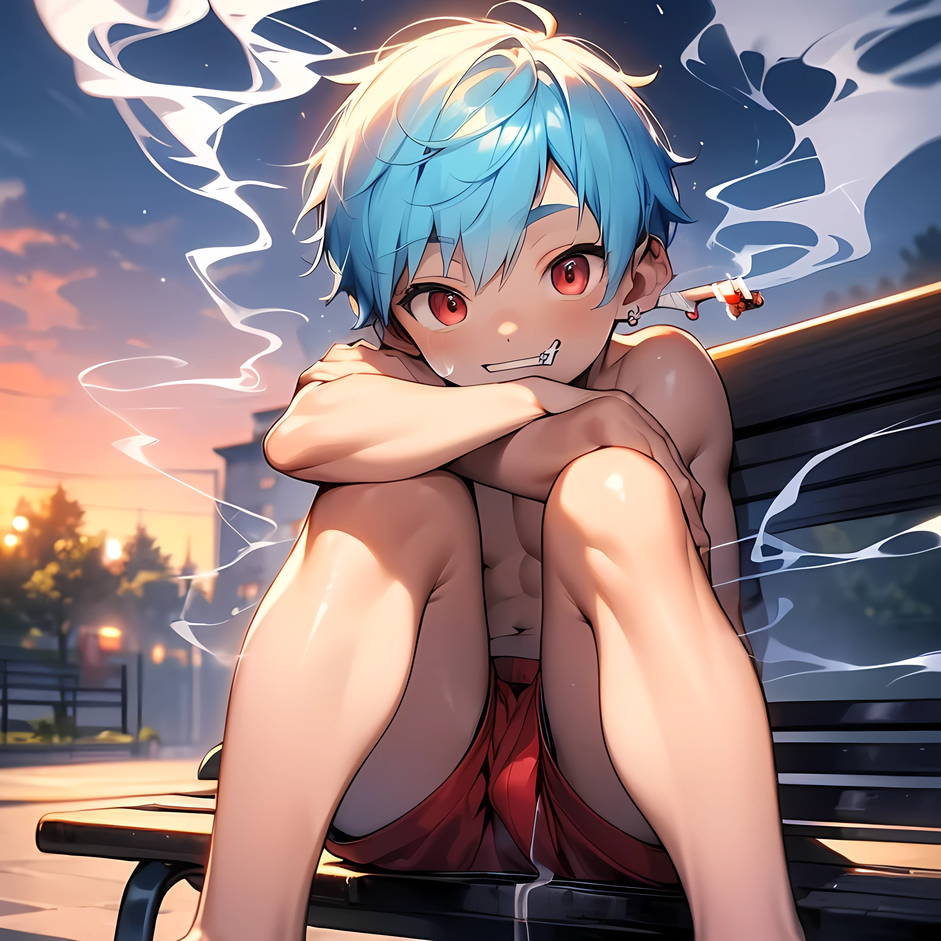 (boldline:-1.6), (smoking:2), (arched back:1.3), (tabacco on mouth:1.3), (best quality:1.5), (absolutely resolution:1.5), (ultra detailed:1.5), (masterpiece:1.5), (perfect face:1.5), (detailed face:1.3), (detailed eyes:1.5), (cute face), (shota:1.7), (topless:1.5), BREAK (baggy red short pants:1.5), (bulge:1.5), (skinny:1.3), (ash tray), (sitting on bench:1.5), (hugging himself:1.5), (both elbows on his knee:1.8), (spiked hair), BREAK (light blue hair:1.5), (wine red eyes:1.4), (eyes with high light), ((mole under eye)), (sweaty skin), (grin:1.5), ((earrings)), (shiny skin:1.3), BREAK (smoking area), (at twilight), (sunset), (wind blowing), (nipple), ((abs)), (groin), upper body, from below,