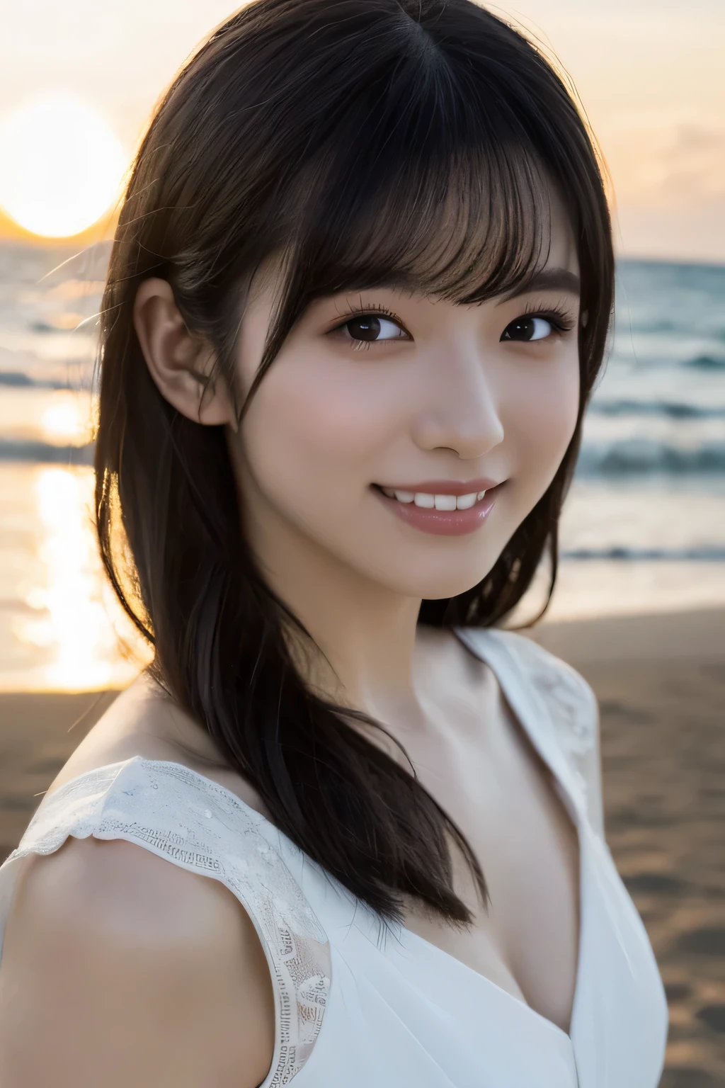 1 girl, (Wear a clean white summer dress:1.2), Very beautiful Japanese idol portraits, 
(RAW Photos, highest quality), (Realistic, Realistic:1.4), (masterpiece), 
Very delicate and beautiful, Very detailed, 2k wallpaper, wonderful, finely, Very detailed CG Unity 8K wallpaper, Very detailed, High resolution, Soft Light, 
Beautiful detailed girl, Very detailed目と顔, Beautiful and sophisticated nose, Finely beautiful eyes, Cinema Lighting, 
(Fashion magazine photography:1.3), (Evening sea), (White sand beach), (sunset:1.3), (Wave Sparkle),
(Semi-long hair), (Delicate shine in hair),
Complete Anatomy, Slender body, Small breasts, (smile), Cowboy Shot