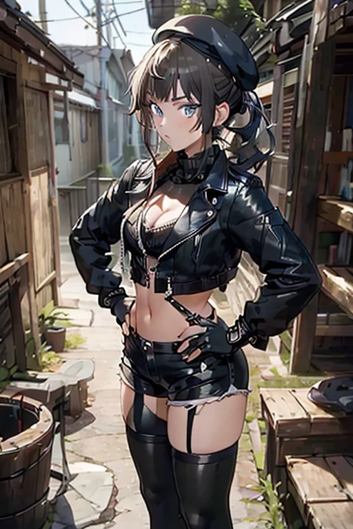 ubel,dark green hair,long hair,side ponytail,hair between eyes,bangs, BREAK (beret, black jacket, open clothes, cleavage, midriff, black shorts, black thighhighs, thigh strap, fingerless gloves, single glove:1.2) BREAK blurry background, BREAK pose, hand on hip, BREAK (masterpiece:1.2), best quality, high resolution, unity 8k wallpaper, (illustration:0.8), (beautiful detailed eyes:1.6), extremely detailed face, perfect lighting, extremely detailed CG, (perfect hands, perfect anatomy),
