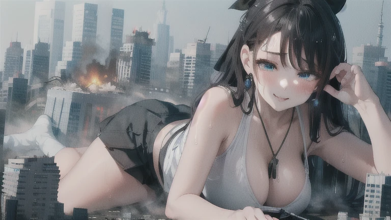 Perfect detail, Special details, highest quality, expensive, 1 Female, high school girl、View Viewer,  Black Hair, Long Hair, , Black Ribbon, Hair covering both ears, Side bang, Partially exposed forehead, Dark blue eyes, Mature Body, Perfect body, Large Breasts,Sweaty body, Wet body,, blush,  Cleavage, uniform, Red ribbon, Black Skirt, necklace,Round Glasses、 Pursing your lips, A light smile, Drunk, expensiveディテール, Depth of written boundary, 1080p, 16k, Awards, High resolution, highest quality, masterpiece, 超High resolution, Anatomically correct, Super detailed,,Huge breasts、Realistic、Perfect bodyライン、aerial photograph、aerial photograph、Destroying the city with a smile、 (A giant girl bigger than a skyscraper destroys the city of Shibuya:1.5)、cute、 bikini、cute、White Shirt、Lying on the ground
