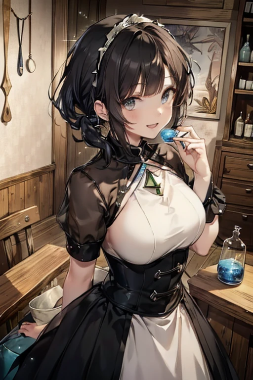 (fantasy:1.5),(anime,8k,masterpiece, top quality, best quality,beautiful and aesthetic:1.2,professional illustrasion:1.1,ultra detail:1.3,perfect lighting),extremely detailed,highest detailed,incredibly absurdres , highres, ultra detailed,intricate:1.6,(Alchemy Workshop:1.4),A girl mixing,Medicine in many small bottles,holding small potion,colorful:1.4,zentangle,(1girl),(girl),(Three kingdoms female warload),(highly detailed beautiful face and eyes,firm breasts),oily skin,((black,hair,short bob with short pony tail hair)),thin pubic hair,cute,lovely,34 years old,alchemist costume,Merchant's Clothing,smile,in the kitchen,smile,seductive weak smiling,(with sparkling eyes and a contagious smile),open mouth, Looking at Viewer,