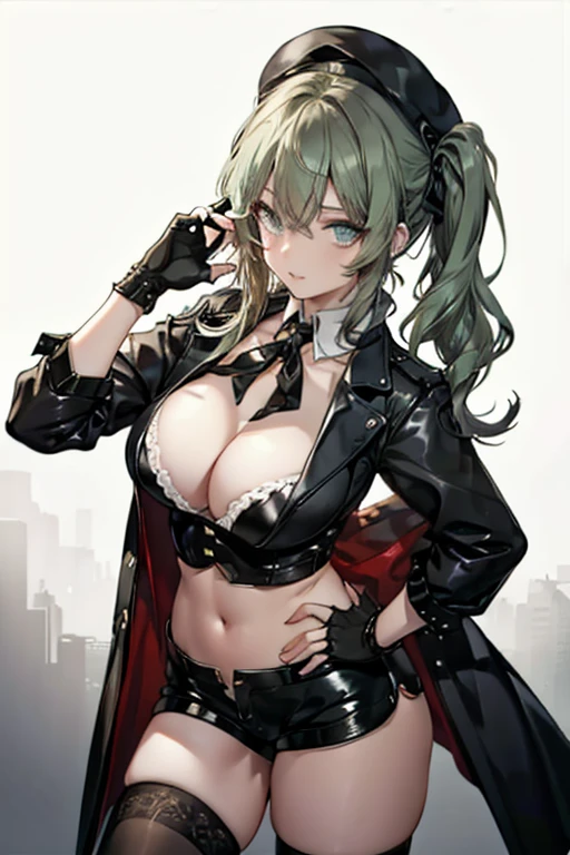 ubel,dark green hair,long hair,side ponytail,hair between eyes,bangs, BREAK (beret, black jacket, open clothes, cleavage, midriff, black shorts, black thighhighs, thigh strap, fingerless gloves, single glove:1.2) BREAK blurry background, BREAK pose, hand on hip, BREAK (masterpiece:1.2), best quality, high resolution, unity 8k wallpaper, (illustration:0.8), (beautiful detailed eyes:1.6), extremely detailed face, perfect lighting, extremely detailed CG, (perfect hands, perfect anatomy),