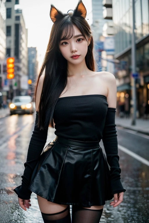 (8k, RAW photo, best quality, masterpiece:1.4), ultra high res, (realistic, photo-realistic:1.48),omertosa,1girl,(Kpop idol), (aegyo sal:1),cute, (super bokeh night city center:1.25), bokeh, night, traffic lights, road sign, rain, after rain, wet, professional lighting, detailed lighting, photon mapping, radiosity, physically-based rendering,Black pantyhosebloom, backlighting, depth of field, natural lighting, hard focus, film grain, one meter shooting distance, professional photoshoot, photographed with a Sony a9 II Mirrorless Camera, detailed eyes, realistic eyes, detailed shadow, looking at viewer, dog ears, detailed lighting, skirt, black skirt, thighhighs, black thighhighs, (detailed hair, realistic hair, realistic lighting, realistic shadow, realistic outfit), realistic skin, (gun on waist:1), realistic reflection of light from above, ((arms behind back)),(hands behind),tube top,sexy