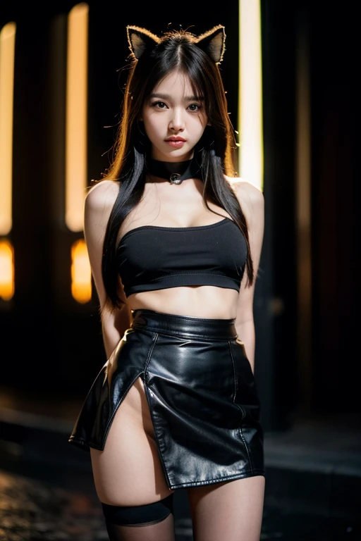 (8k, RAW photo, best quality, masterpiece:1.4), ultra high res, (realistic, photo-realistic:1.48),omertosa,1girl,(Kpop idol), (aegyo sal:1),cute, (super bokeh night city center:1.25), bokeh, night, traffic lights, road sign, rain, after rain, wet, professional lighting, detailed lighting, photon mapping, radiosity, physically-based rendering,Black pantyhosebloom, backlighting, depth of field, natural lighting, hard focus, film grain, one meter shooting distance, professional photoshoot, photographed with a Sony a9 II Mirrorless Camera, detailed eyes, realistic eyes, detailed shadow, looking at viewer, dog ears, detailed lighting, skirt, black skirt, thighhighs, black thighhighs, (detailed hair, realistic hair, realistic lighting, realistic shadow, realistic outfit), realistic skin, (gun on waist:1), realistic reflection of light from above, ((arms behind back)),(hands behind),tube top,sexy