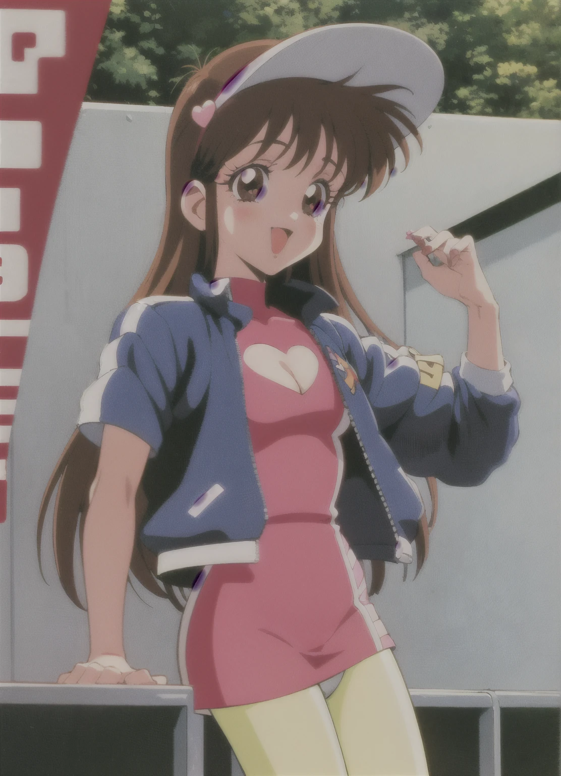 Assugodol, One girl, alone, Visor Cap, heart, hair ornaments, Jacket, dress, pantyhose, retro artstyle, Open your mouth, 1990s (style), View Viewer, smile, Outdoor, null, Cowboy Shot, Cleavage cutout, Race Queen, White underwear, Panty shot