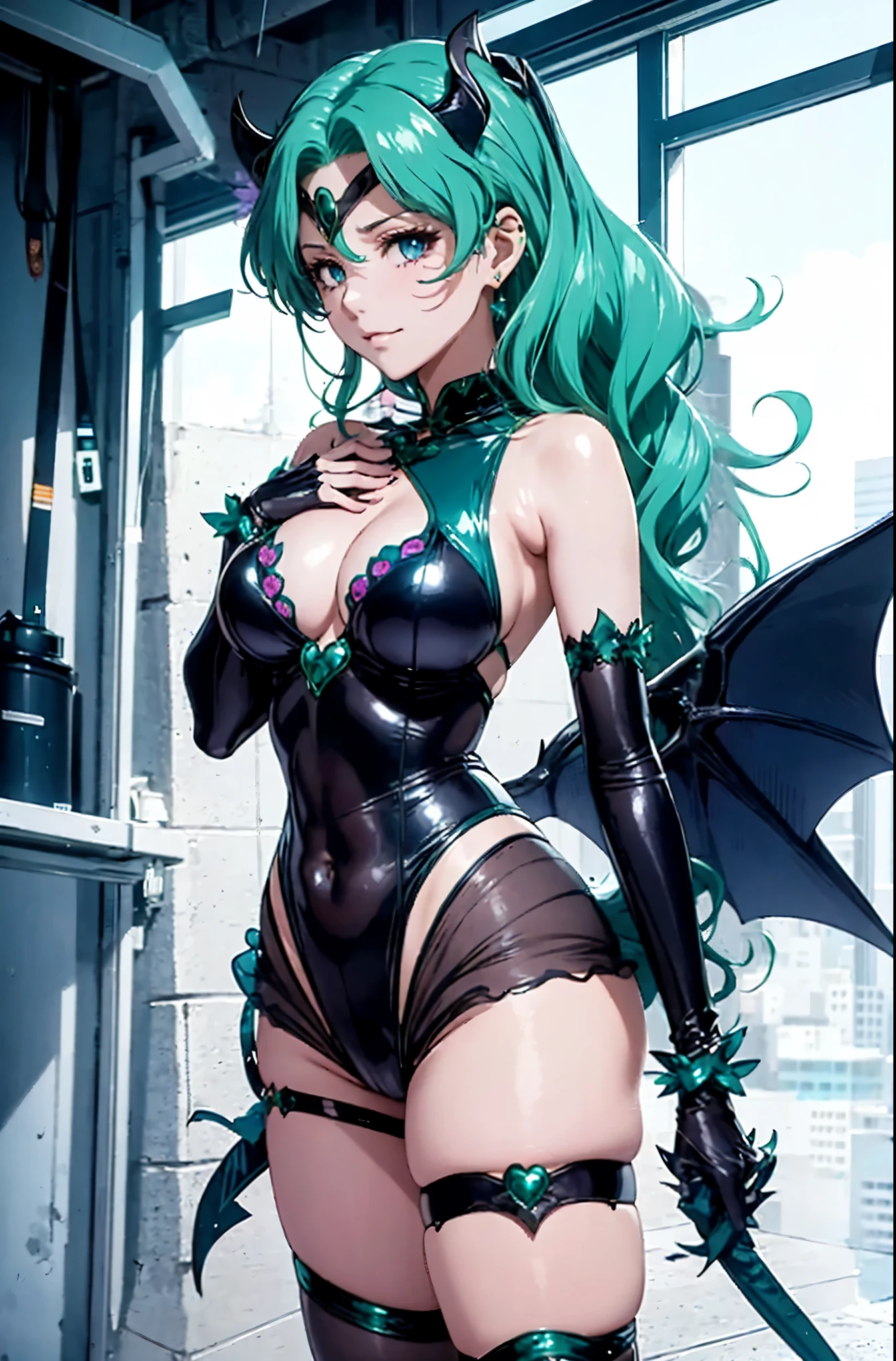 SailorNeptune. solo. Aqua color hair. Smirk. Empty Eyes. dark costume. Transparent Bodystocking. shout. dark costume. corruption. bat hair ornament. bat motif black eye mask. Black headphone. succubus-style. squat pose. paul dance pose. pink light up Stage.