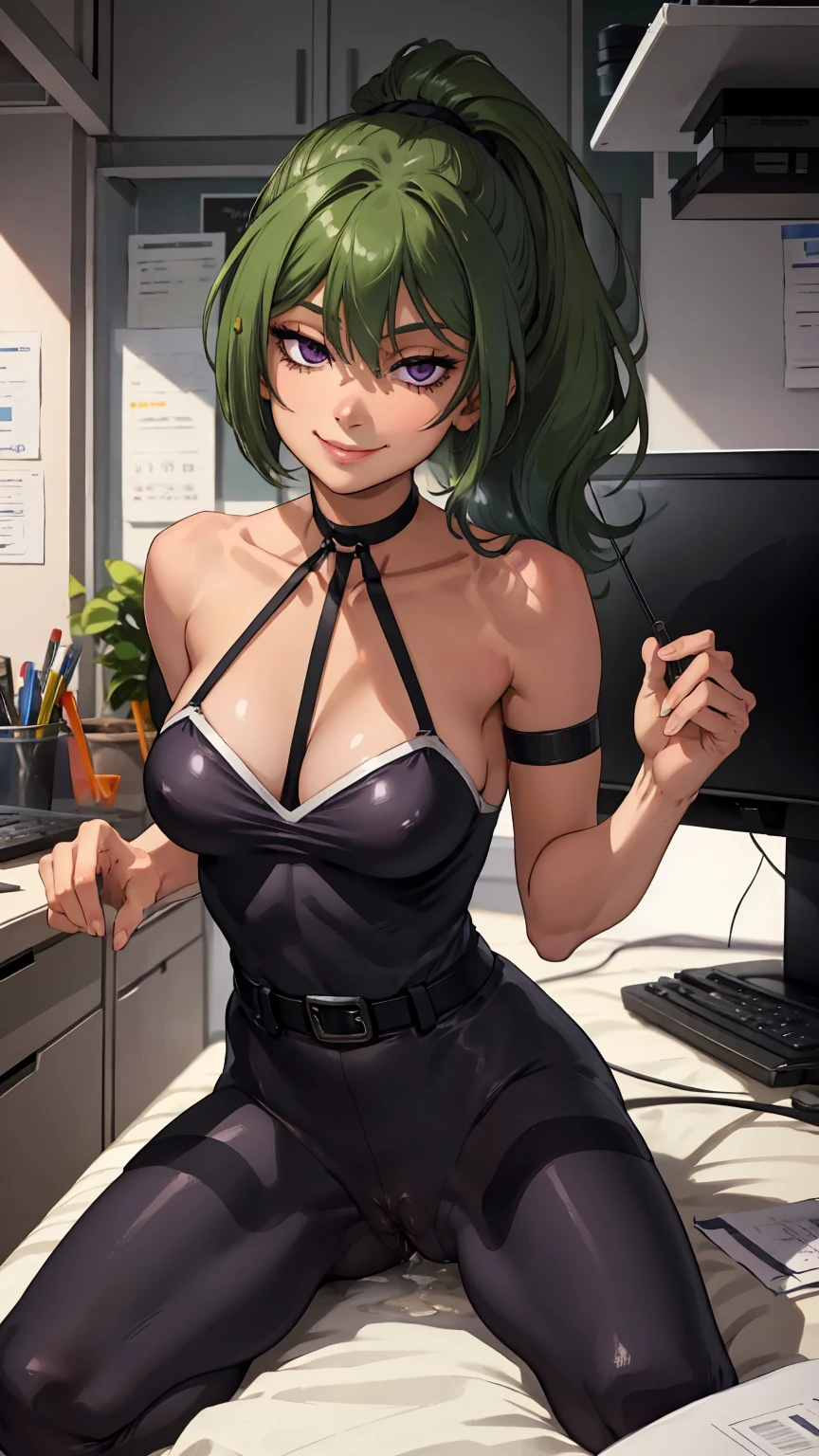 Bad, (Best quality:1.3), (4K quality), ((detailed face)),((smile)), ((skinny body)), Green hairs, (beautiful breasts), ponytail haircuts on the side of her head, cleavage, sexy, (((ecchi)) ), Skinny girl, skinny muscular woman, skinny body, perfect body, sexy skinny body, purple eyes, sexy slang, office, office lady, office clothing, office pantyhose, sitting on a chair, legs open, nsfw, spreading legs, cameltoe, hairy vagina, squirting 