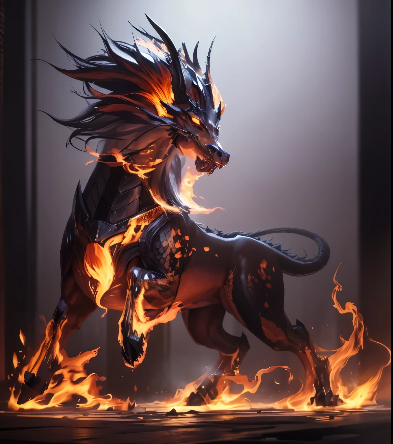Kirin, dragon head, horse body, deer antlers, wide mouth, sharp teeth, sharp and majestic appearance, mane, majestic eyes, feet stepping on flames, strong and powerful, exquisite chest armor, complex armor details, 8K ultra-high resolution, high quality, clear picture, pure background, high-quality delicacy, standing sideways, solo,