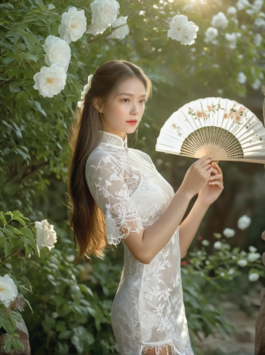 A beautiful European girl, Standing in the garden, Wearing white lace cheongsam, Holding an exquisite pure white lace fan, Covering your face, Fine workmanship of the fan, With white lace floral pattern, The girl has long hair, elegant, Soft light, diffusion, Soft and delicate colors, Natural light, Elegant and beautiful, Romanticism, Luminism, first-person view, cowboy shot, UHD, masterpiece, accurate, anatomically correct, high details, award winning, 8k