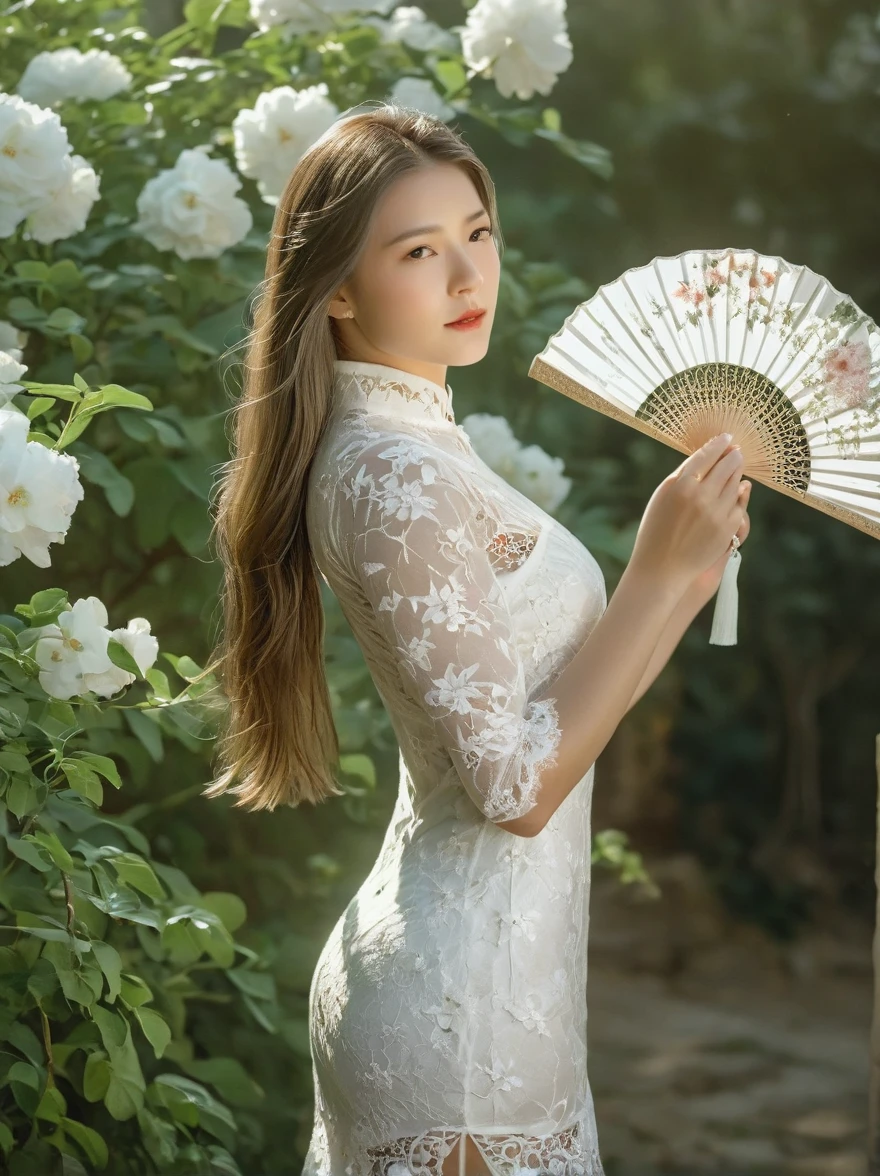 A beautiful European girl, Standing in the garden, Wearing white lace cheongsam, Holding an exquisite pure white lace fan, Covering your face, Fine workmanship of the fan, With white lace floral pattern, The girl has long hair, elegant, Soft light, diffusion, Soft and delicate colors, Natural light, Elegant and beautiful, Romanticism, Luminism, first-person view, cowboy shot, UHD, masterpiece, accurate, anatomically correct, high details, award winning, 8k