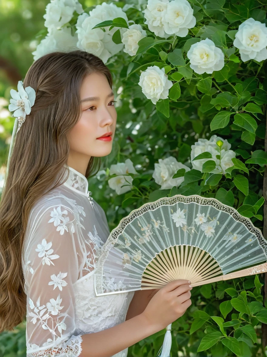 A beautiful European girl, Standing in the garden, Wearing white lace cheongsam, Holding an exquisite pure white lace fan, Covering your face, Fine workmanship of the fan, With white lace floral pattern, The girl has long hair, elegant, Soft light, diffusion, Soft and delicate colors, Natural light, Elegant and beautiful, Romanticism, Luminism, first-person view, cowboy shot, UHD, masterpiece, accurate, anatomically correct, high details, award winning, 8k