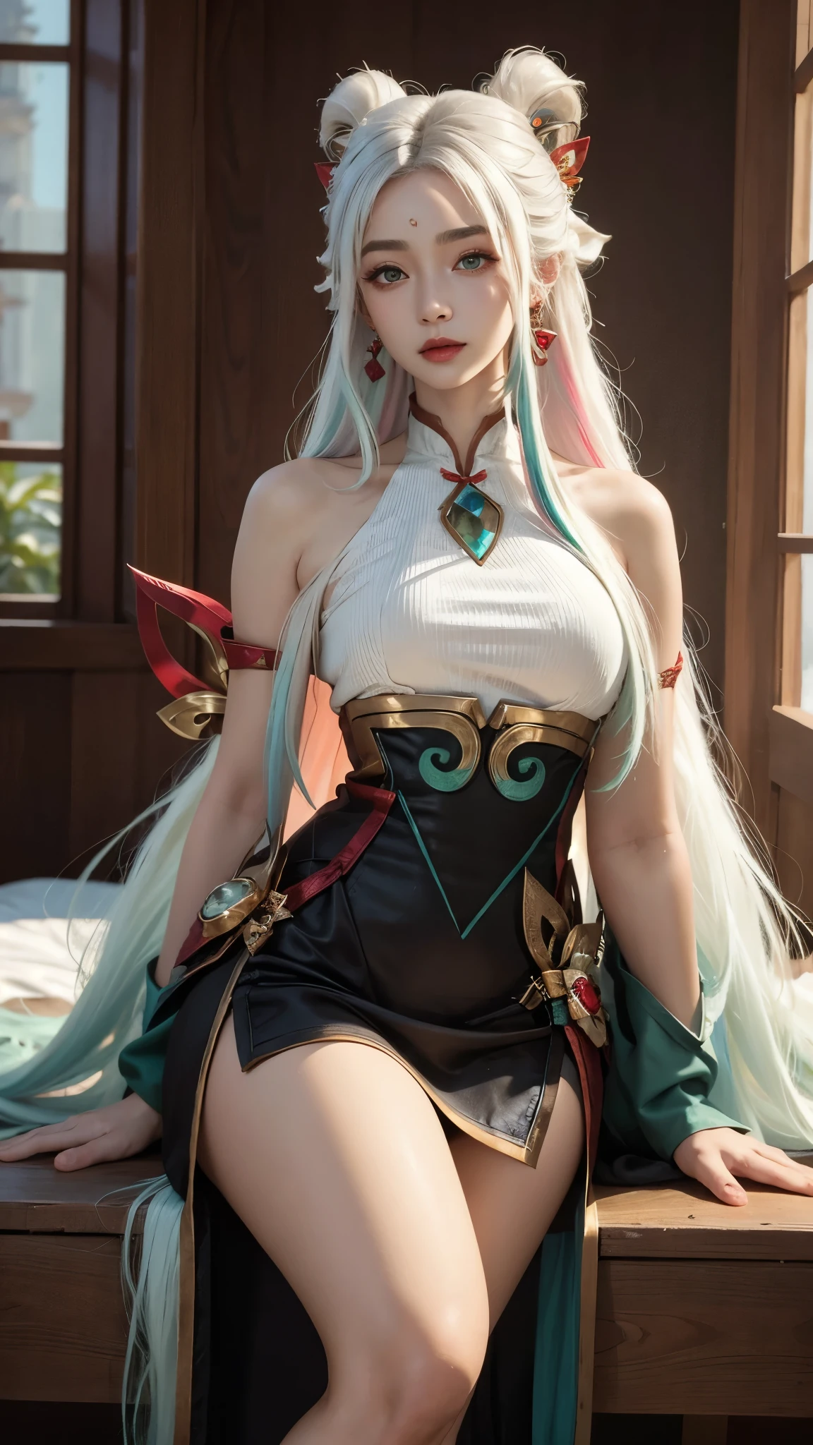 (masterpiece, best quality:1.2), intricate details, mythmaker irelia, 1girl, hair ornament, hair rings, bare shoulders, dress, detached sleeves, forehead mark, multicolored hair, white hair, earrings, green eyes, textured skin, looking at viewer, solo, light smile, (mature female:1.2),sexy pose:1.6,