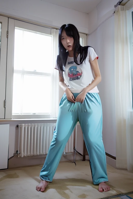 Japanese Girl thin body wearing a white short-sleeved t-shirt sees the ghost and pees her light blue lose pajama pants until his pants are wet pants in fright.
