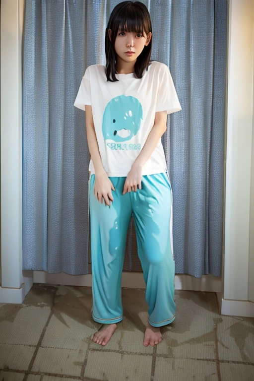 Japanese Girl thin body wearing a white short-sleeved t-shirt sees the ghost and pees her light blue lose pajama pants until his pants are wet pants in fright.