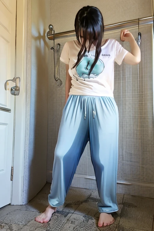 Japanese Girl thin body wearing a white short-sleeved t-shirt sees the ghost and pees her light blue lose pajama pants until his pants are wet pants in fright.