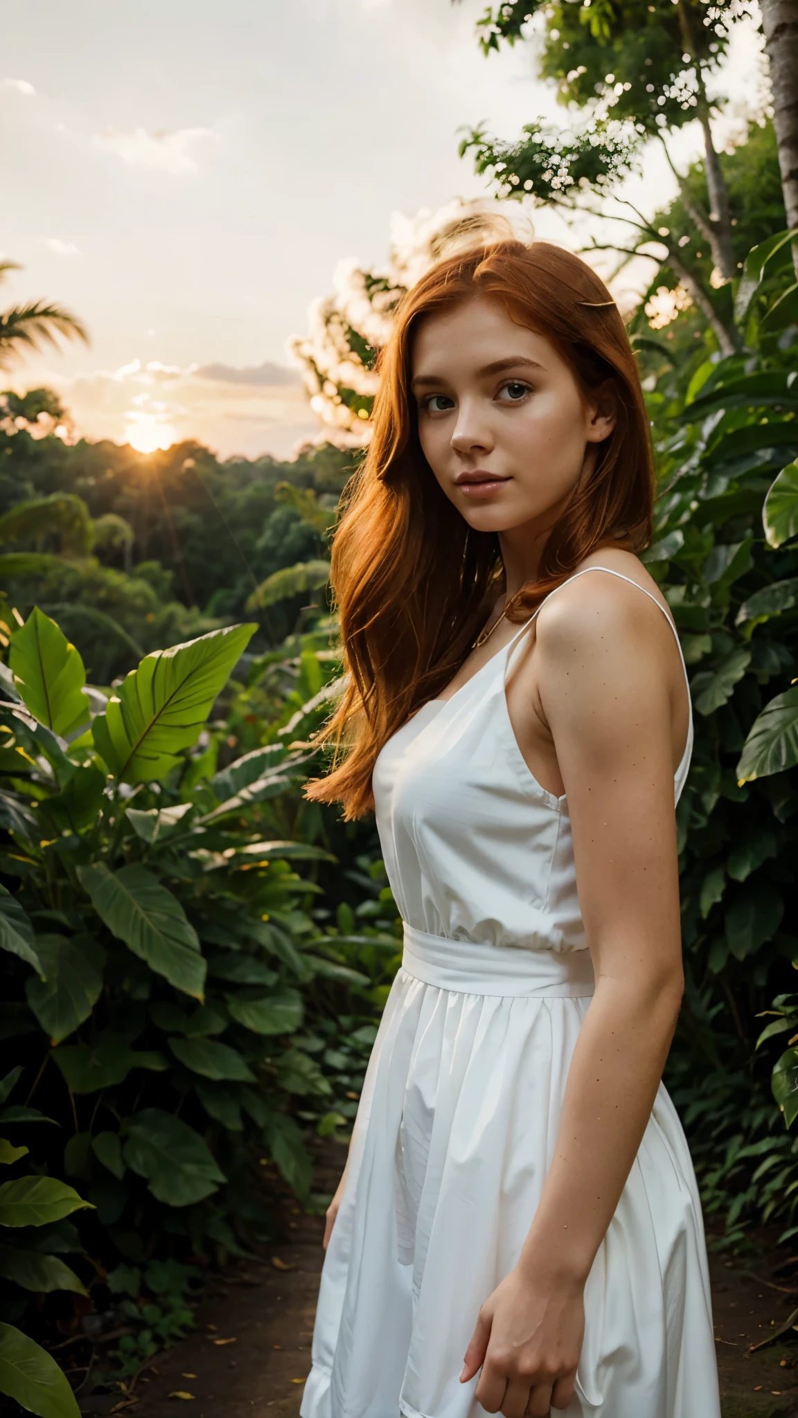 young woman, ginger hair, mid shot, very beautiful, summer white dress, standing in tropical forest, sunset, peaceful atmosphere, vibrant, colorful