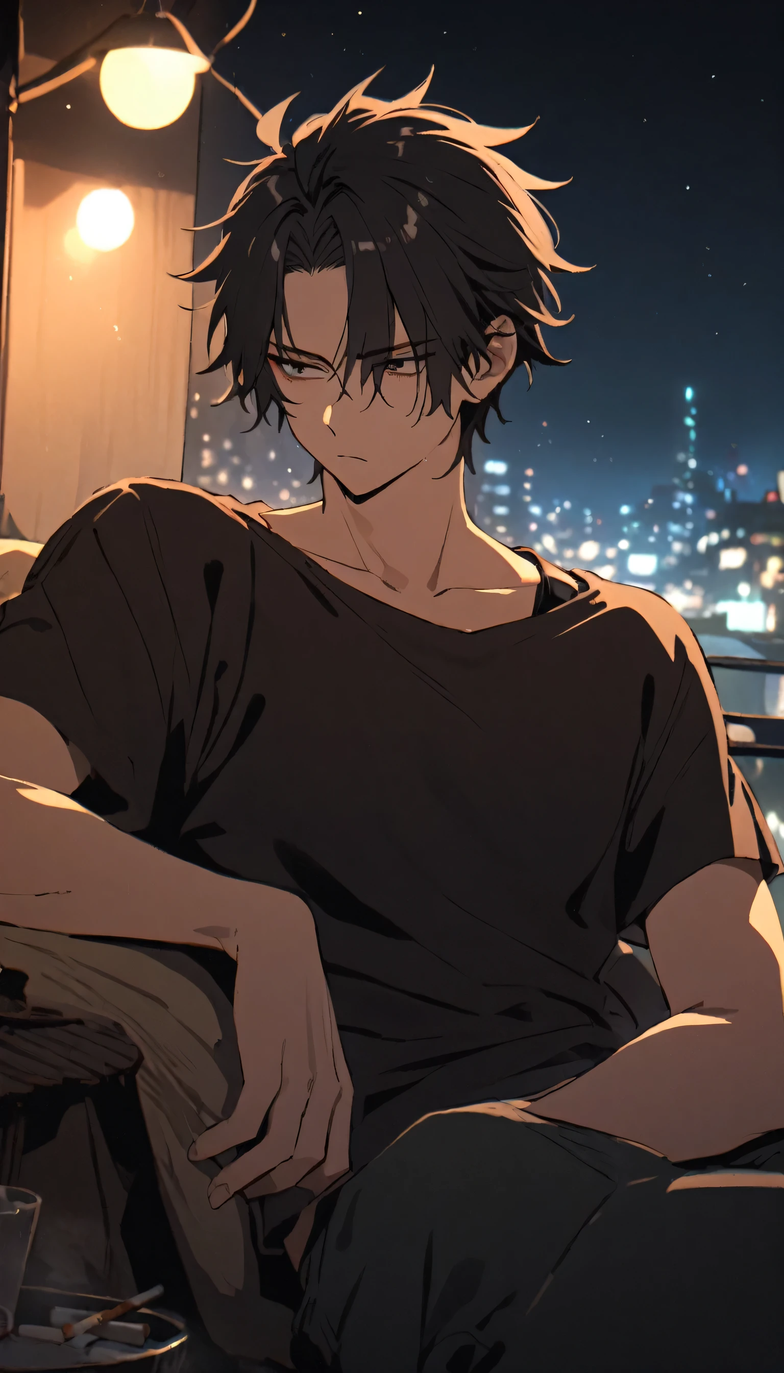 boy, 1 person, Black Hair, Bad face, cool,Wolf Hair, Black tank top, night,relaxing, tobacco