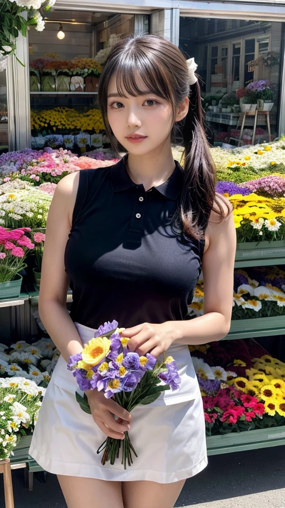 (masterpiece:1.3, top-quality, ultra high res, ultra detailed), (realistic, photorealistic:1.2), beautiful illustration, perfect lighting, natural lighting, colorful, depth of fields, ,
beautiful detailed hair, beautiful detailed face, beautiful detailed eyes, beautiful clavicle, beautiful body, beautiful chest, heavy chest, beautiful thigh, beautiful legs, beautiful fingers, shiny skin,
looking at viewer, 1 girl, japanese, 22 years old, (perfect anatomy, anatomically correct, super detailed skin), cute and symmetrical face, babyface, perfect face, perfect eyes, perfect fingers,
(fluffy pony tail hair, hair slicked back:1.6, blue hair), parted bangs, dark purple eyes, big eyes, drooping eyes, long eyelashes, faint lips, (Large swollen breast, seductive thighs), outstanding style,
(detailed cloth texture, break, sleeveless collared polo shirt, tight skirt, black apron), break,
(beautiful scenery), ((behind flower shop:1.5)), standing, ((hold a big bouquet:1.2)), (parted lips),