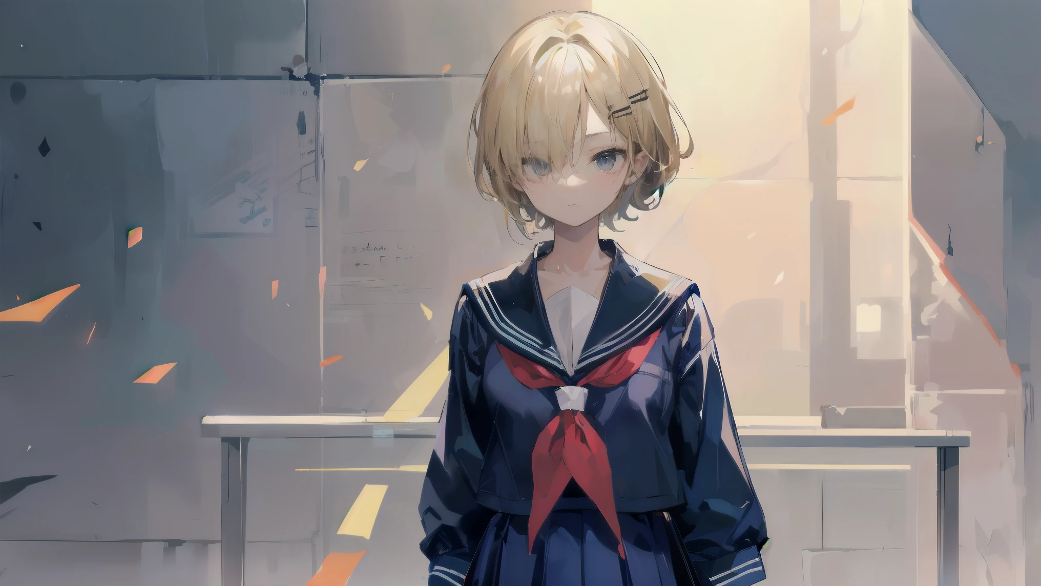 highest quality, Anime Moe Art Style,Best Anime 8K Konachan Wallpaper,pixiv contest winners,Perfect Anatomy, (Please draw a girl walking sleepily to school... ),break, 1 girl, (alone,,,13 years old:1.3),high school student, short hair, amount, (Hair above one eye:1.9),All limbs, Full Finger,Medium chest, Between the legs, Small eyes,accurate black eyes, Hair Clip, (Sailor suit:1.5),(school uniform:1.5) skirt,On the way to school. break,Very detailed,High resolution,Ultra-dense skin, Professional Lighting,8k eye detail, (Cute illustrations:1.2),blonde,blonde hair,Expressionless,(Hair on one eye:1.5)、Thighs