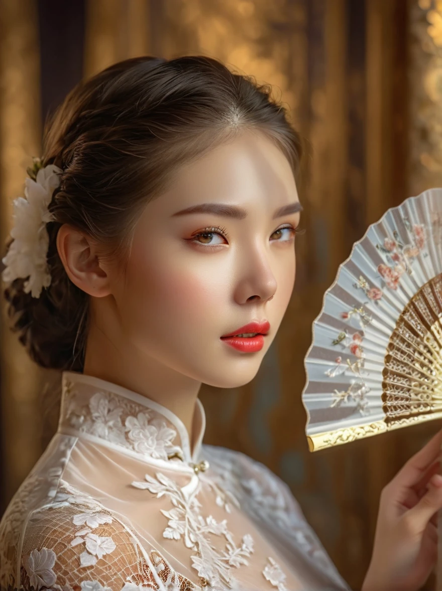 beautiful European girl,wearing white lace cheongsam,elegant posture,delicately holding a pure white lace fan,covering her face,beautiful detailed eyes,beautiful detailed lips,extremely detailed eyes and face,long eyelashes,high fashion,ornate lace details,splendid fabric texture,golden background, studio lighting,vivid colors,bokeh,sharp focus,physically-based rendering,calm expression, Romanticism, Luminism, first-person view, cowboy shot, UHD, masterpiece, accurate, anatomically correct, high details, award winning, 8k