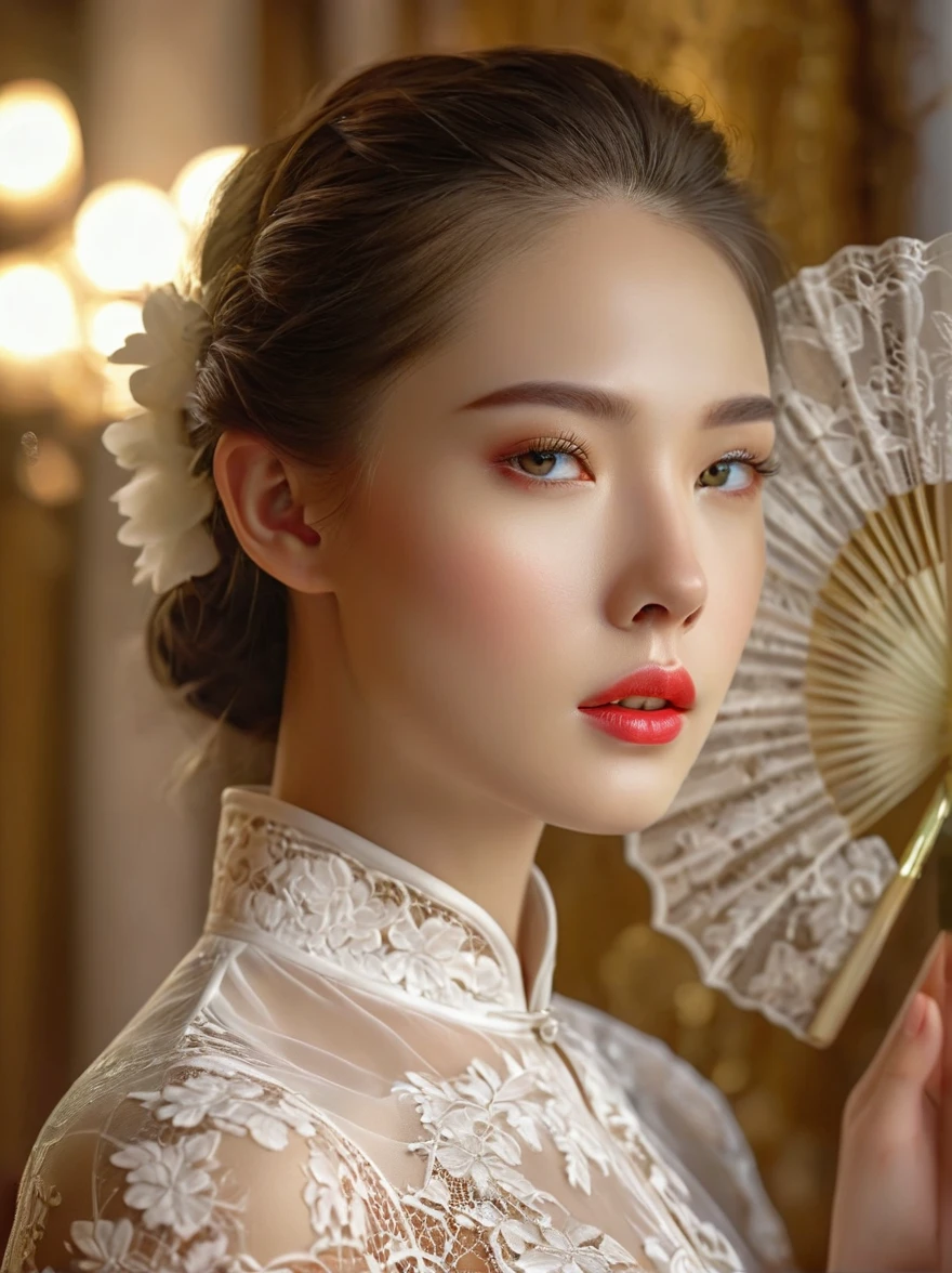 beautiful European girl,wearing white lace cheongsam,elegant posture,delicately holding a pure white lace fan,covering her face,beautiful detailed eyes,beautiful detailed lips,extremely detailed eyes and face,long eyelashes,high fashion,ornate lace details,splendid fabric texture,golden background, studio lighting,vivid colors,bokeh,sharp focus,physically-based rendering,calm expression, Romanticism, Luminism, first-person view, cowboy shot, UHD, masterpiece, accurate, anatomically correct, high details, award winning, 8k