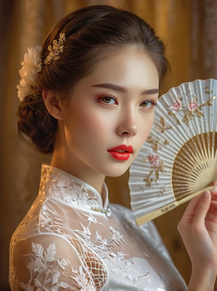 beautiful European girl,wearing white lace cheongsam,elegant posture,delicately holding a pure white lace fan,covering her face,beautiful detailed eyes,beautiful detailed lips,extremely detailed eyes and face,long eyelashes,high fashion,ornate lace details,splendid fabric texture,golden background, studio lighting,vivid colors,bokeh,sharp focus,physically-based rendering,calm expression, Romanticism, Luminism, first-person view, cowboy shot, UHD, masterpiece, accurate, anatomically correct, high details, award winning, 8k