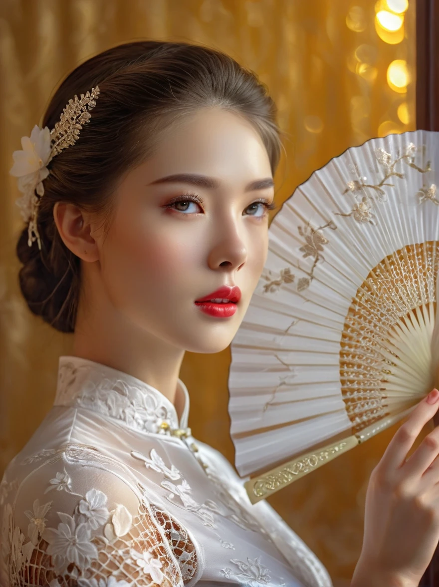 beautiful European girl,wearing white lace cheongsam,elegant posture,delicately holding a pure white lace fan,covering her face,beautiful detailed eyes,beautiful detailed lips,extremely detailed eyes and face,long eyelashes,high fashion,ornate lace details,splendid fabric texture,golden background, studio lighting,vivid colors,bokeh,sharp focus,physically-based rendering,calm expression, Romanticism, Luminism, first-person view, cowboy shot, UHD, masterpiece, accurate, anatomically correct, high details, award winning, 8k