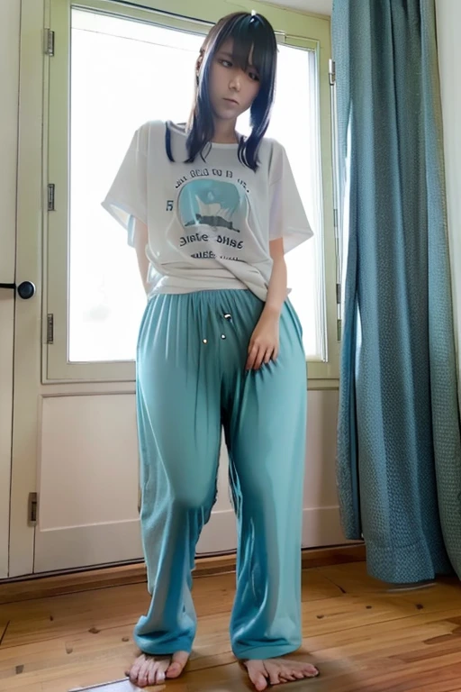 Japanese Girl thin body wearing a white short-sleeved t-shirt sees the ghost and pees her light blue lose pajama pants until his pants are wet pants in fright.