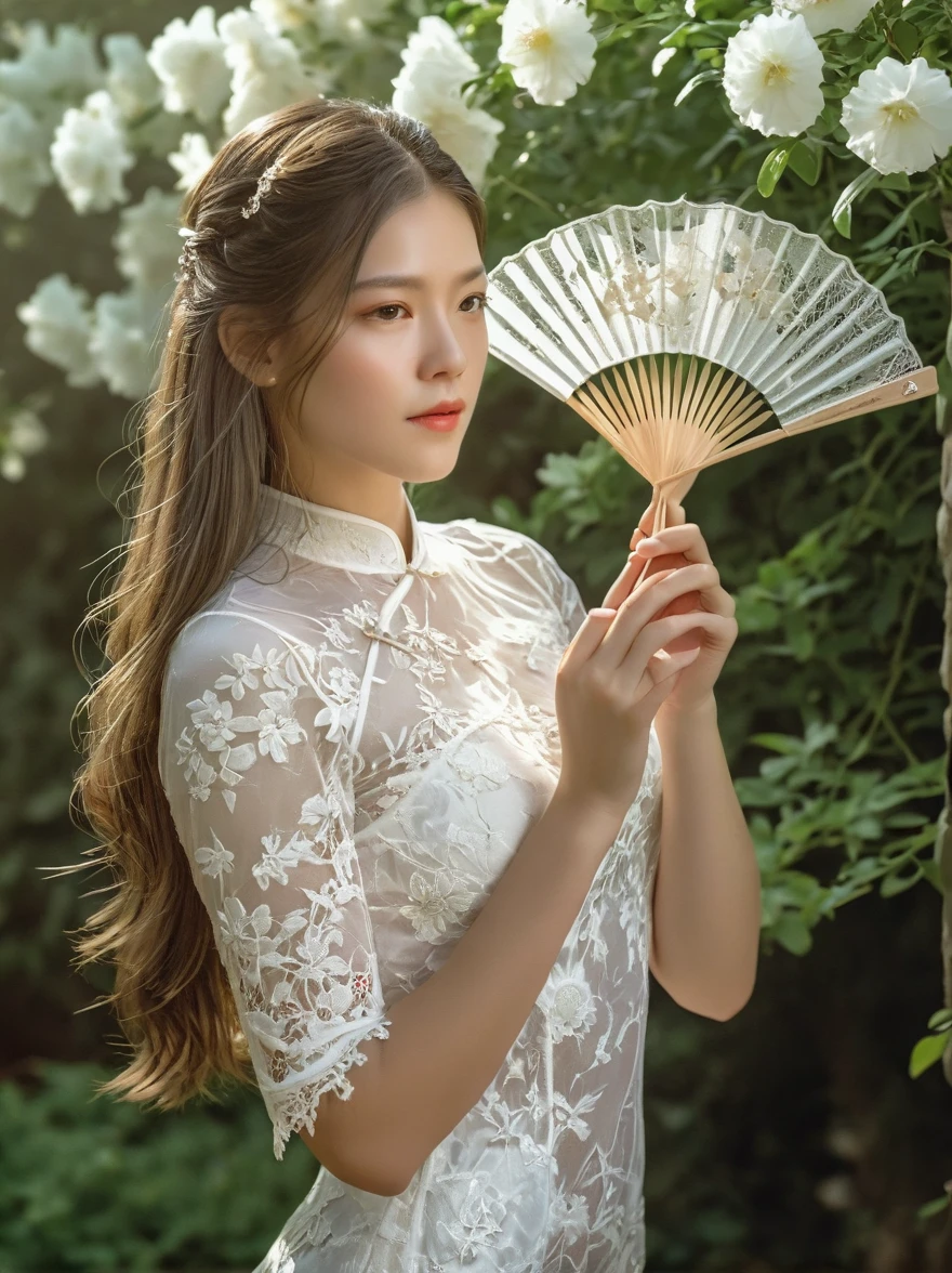 A beautiful European girl, Standing in the garden, Wearing white lace cheongsam, Holding an exquisite pure white lace fan, Covering your face, Fine workmanship of the fan, With white lace floral pattern, The girl has long hair, elegant, Soft light, diffusion, Soft and delicate colors, Natural light, Elegant and beautiful, Romanticism, Luminism, first-person view, cowboy shot, UHD, masterpiece, accurate, anatomically correct, high details, award winning, 8k