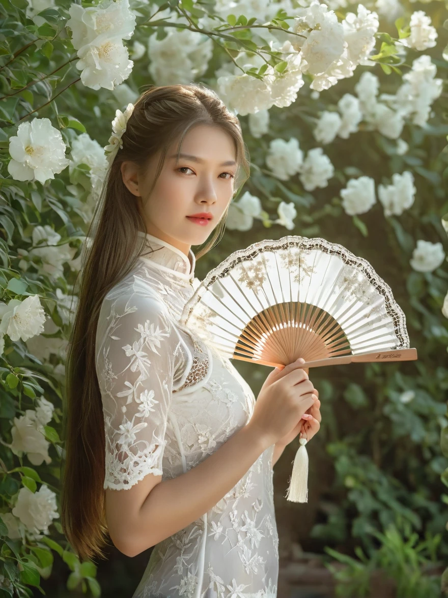 A beautiful European girl, Standing in the garden, Wearing white lace cheongsam, Holding an exquisite pure white lace fan, Covering your face, Fine workmanship of the fan, With white lace floral pattern, The girl has long hair, elegant, Soft light, diffusion, Soft and delicate colors, Natural light, Elegant and beautiful, Romanticism, Luminism, first-person view, cowboy shot, UHD, masterpiece, accurate, anatomically correct, high details, award winning, 8k